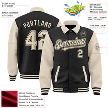 Load image into Gallery viewer, Custom Black Cream Bomber Full-Snap Varsity Letterman Two Tone Lapel Collar Byron Jacket
