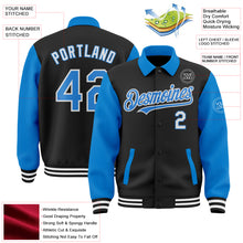 Load image into Gallery viewer, Custom Black Powder Blue-White Bomber Full-Snap Varsity Letterman Two Tone Lapel Collar Byron Jacket
