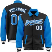 Load image into Gallery viewer, Custom Black Powder Blue-White Bomber Full-Snap Varsity Letterman Two Tone Lapel Collar Byron Jacket
