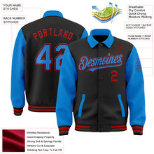 Load image into Gallery viewer, Custom Black Powder Blue-Red Bomber Full-Snap Varsity Letterman Two Tone Lapel Collar Byron Jacket
