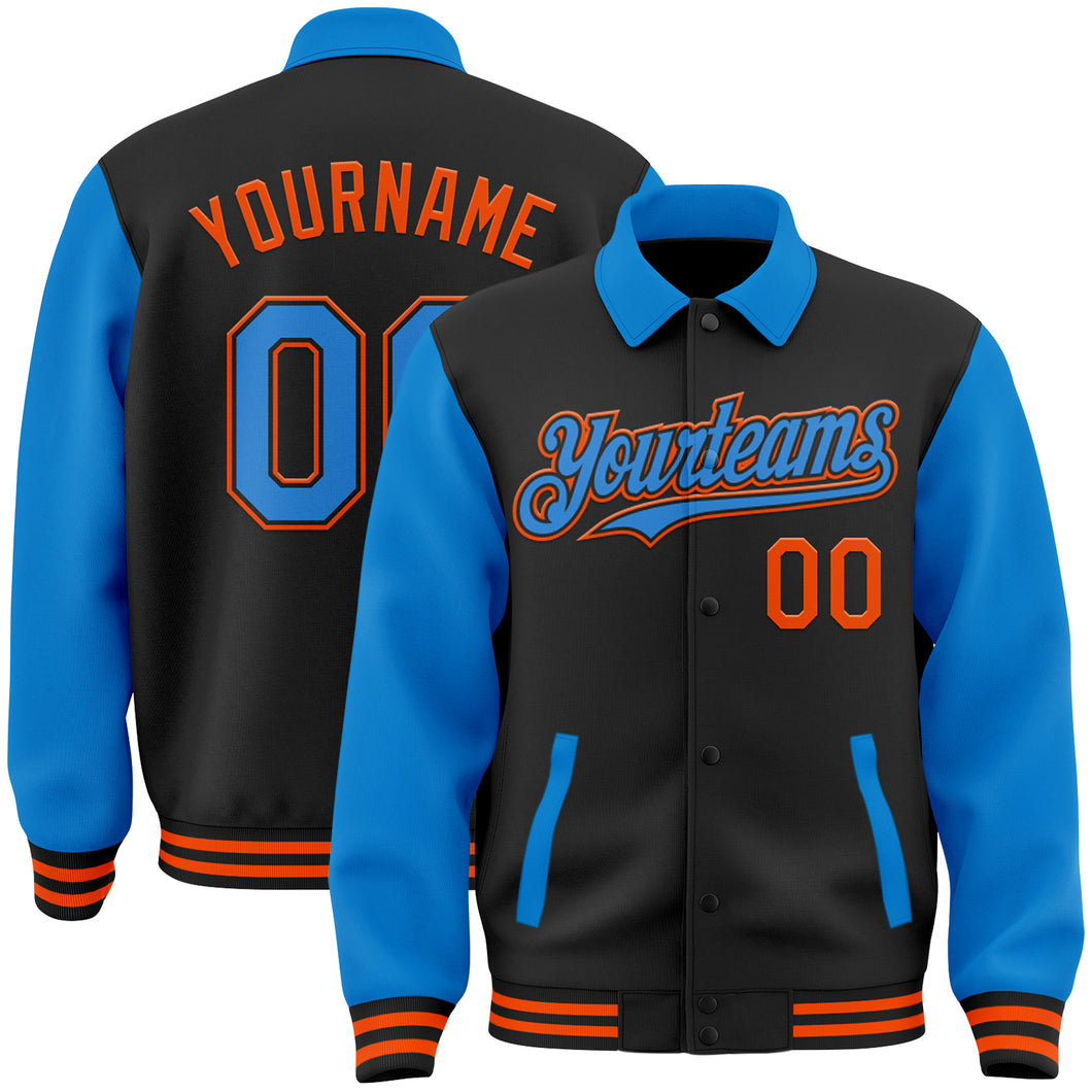 Custom Black Powder Blue-Orange Bomber Full-Snap Varsity Letterman Two Tone Lapel Collar Byron Jacket