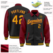 Load image into Gallery viewer, Custom Black Gold-Crimson Bomber Full-Snap Varsity Letterman Two Tone Lapel Collar Byron Jacket
