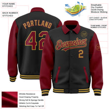 Load image into Gallery viewer, Custom Black Crimson-Old Gold Bomber Full-Snap Varsity Letterman Two Tone Lapel Collar Byron Jacket
