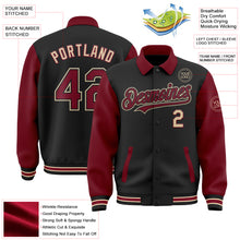 Load image into Gallery viewer, Custom Black Crimson-City Cream Bomber Full-Snap Varsity Letterman Two Tone Lapel Collar Byron Jacket
