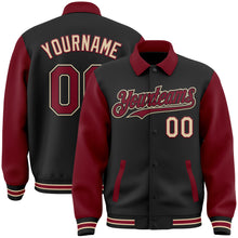 Load image into Gallery viewer, Custom Black Crimson-City Cream Bomber Full-Snap Varsity Letterman Two Tone Lapel Collar Byron Jacket
