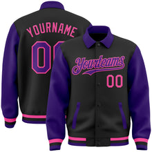 Load image into Gallery viewer, Custom Black Purple-Pink Bomber Full-Snap Varsity Letterman Two Tone Lapel Collar Byron Jacket
