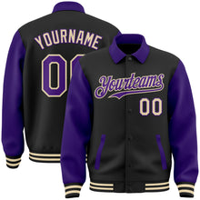 Load image into Gallery viewer, Custom Black Purple-Cream Bomber Full-Snap Varsity Letterman Two Tone Lapel Collar Byron Jacket
