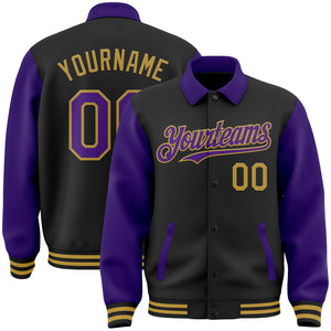 Custom Black Purple-Old Gold Bomber Full-Snap Varsity Letterman Two Tone Lapel Collar Byron Jacket