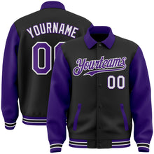 Load image into Gallery viewer, Custom Black Purple-White Bomber Full-Snap Varsity Letterman Two Tone Lapel Collar Byron Jacket
