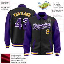 Load image into Gallery viewer, Custom Black Purple-Gold Bomber Full-Snap Varsity Letterman Two Tone Lapel Collar Byron Jacket
