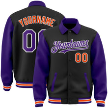 Load image into Gallery viewer, Custom Black Purple-Orange Bomber Full-Snap Varsity Letterman Two Tone Lapel Collar Byron Jacket
