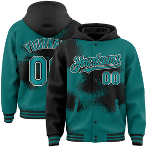 Custom Teal Black-White Abstract Color Blocks Fragment Art 3D Pattern Design Bomber Full-Snap Varsity Letterman Hoodie Jacket