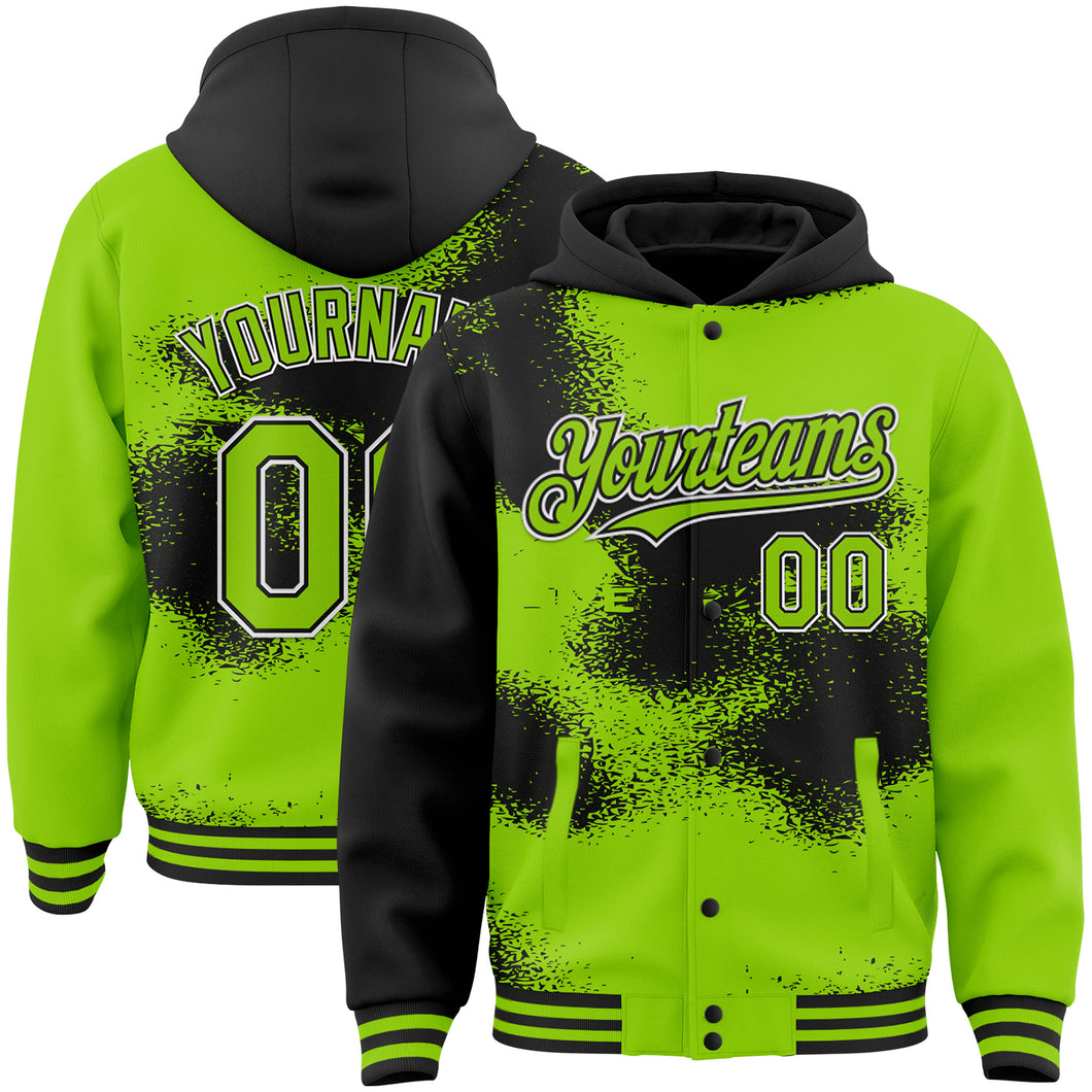 Custom Neon Green Black-White Abstract Color Blocks Fragment Art 3D Pattern Design Bomber Full-Snap Varsity Letterman Hoodie Jacket