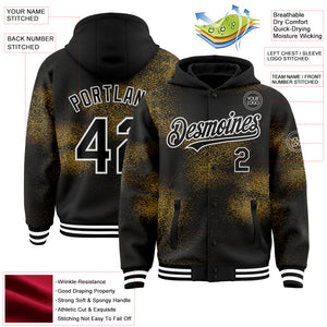 Custom Black Old Gold-White Abstract Network 3D Pattern Design Bomber Full-Snap Varsity Letterman Hoodie Jacket