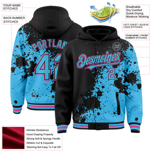 Custom Black Sky Blue-Pink Abstract Splash Grunge Art 3D Pattern Design Bomber Full-Snap Varsity Letterman Hoodie Jacket