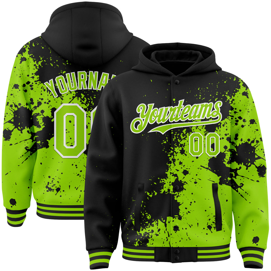 Custom Black Neon Green-White Abstract Splash Grunge Art 3D Pattern Design Bomber Full-Snap Varsity Letterman Hoodie Jacket