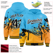 Load image into Gallery viewer, Custom Sky Blue Black-Gold Abstract Splash Grunge Art 3D Pattern Design Bomber Full-Snap Varsity Letterman Hoodie Jacket
