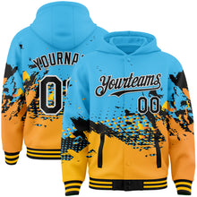 Load image into Gallery viewer, Custom Sky Blue Black-Gold Abstract Splash Grunge Art 3D Pattern Design Bomber Full-Snap Varsity Letterman Hoodie Jacket
