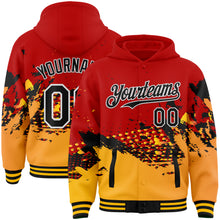 Load image into Gallery viewer, Custom Red Black-Gold Abstract Splash Grunge Art 3D Pattern Design Bomber Full-Snap Varsity Letterman Hoodie Jacket
