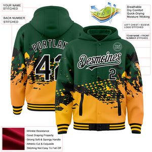 Custom Green Black-Gold Abstract Splash Grunge Art 3D Pattern Design Bomber Full-Snap Varsity Letterman Hoodie Jacket