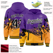 Load image into Gallery viewer, Custom Purple Gold-Black Abstract Splash Grunge Art 3D Pattern Design Bomber Full-Snap Varsity Letterman Hoodie Jacket
