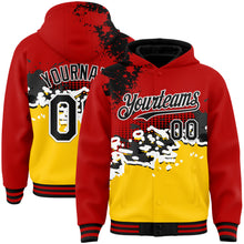 Load image into Gallery viewer, Custom Red Black-Gold Abstract Splash Grunge Art 3D Pattern Design Bomber Full-Snap Varsity Letterman Hoodie Jacket
