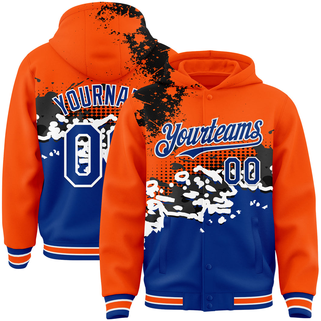 Custom Orange Royal-Black Abstract Splash Grunge Art 3D Pattern Design Bomber Full-Snap Varsity Letterman Hoodie Jacket