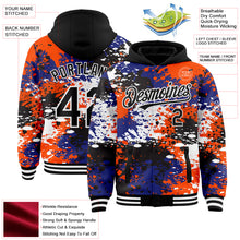 Load image into Gallery viewer, Custom Black Orange-Royal Abstract Splash Grunge Art 3D Pattern Design Bomber Full-Snap Varsity Letterman Hoodie Jacket
