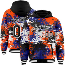 Load image into Gallery viewer, Custom Black Orange-Royal Abstract Splash Grunge Art 3D Pattern Design Bomber Full-Snap Varsity Letterman Hoodie Jacket
