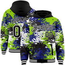 Load image into Gallery viewer, Custom Black Neon Green-Royal Abstract Splash Grunge Art 3D Pattern Design Bomber Full-Snap Varsity Letterman Hoodie Jacket
