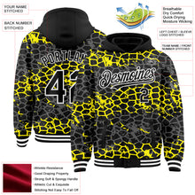 Load image into Gallery viewer, Custom Black Light Yellow-White Abstract Network 3D Pattern Design Bomber Full-Snap Varsity Letterman Hoodie Jacket
