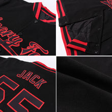 Load image into Gallery viewer, Custom Black Red-Gold Flame 3D Pattern Design Bomber Full-Snap Varsity Letterman Jacket
