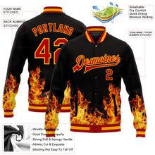 Load image into Gallery viewer, Custom Black Red-Gold Flame 3D Pattern Design Bomber Full-Snap Varsity Letterman Jacket
