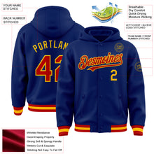 Load image into Gallery viewer, Custom Royal Red-Gold Bomber Full-Snap Varsity Letterman Hoodie Jacket
