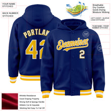 Load image into Gallery viewer, Custom Royal Gold-White Bomber Full-Snap Varsity Letterman Hoodie Jacket
