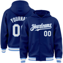 Load image into Gallery viewer, Custom Royal White-Light Blue Bomber Full-Snap Varsity Letterman Hoodie Jacket
