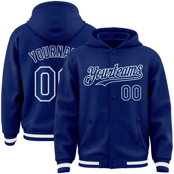 Custom Royal White Bomber Full-Snap Varsity Letterman Hoodie Jacket