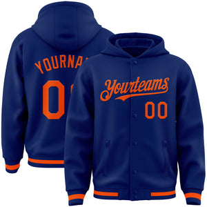 Custom Royal Orange Bomber Full-Snap Varsity Letterman Hoodie Jacket