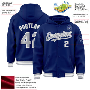 Custom Royal Gray-White Bomber Full-Snap Varsity Letterman Hoodie Jacket