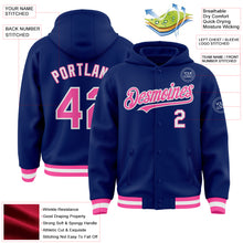 Load image into Gallery viewer, Custom Royal Pink-White Bomber Full-Snap Varsity Letterman Hoodie Jacket
