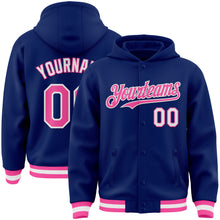 Load image into Gallery viewer, Custom Royal Pink-White Bomber Full-Snap Varsity Letterman Hoodie Jacket
