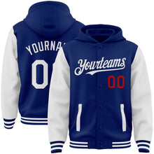 Load image into Gallery viewer, Custom Royal White-Red Bomber Full-Snap Varsity Letterman Two Tone Hoodie Jacket
