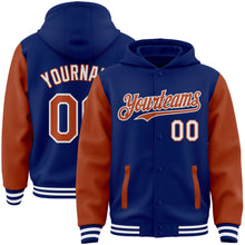 Load image into Gallery viewer, Custom Royal Texas Orange-White Bomber Full-Snap Varsity Letterman Two Tone Hoodie Jacket
