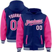 Load image into Gallery viewer, Custom Royal Pink-White Bomber Full-Snap Varsity Letterman Two Tone Hoodie Jacket
