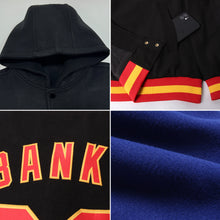 Load image into Gallery viewer, Custom Royal Black-Gold Bomber Full-Snap Varsity Letterman Two Tone Hoodie Jacket
