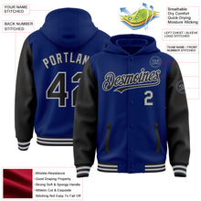 Load image into Gallery viewer, Custom Royal Black-Gray Bomber Full-Snap Varsity Letterman Two Tone Hoodie Jacket
