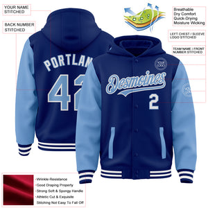 Custom Royal Light Blue-White Bomber Full-Snap Varsity Letterman Two Tone Hoodie Jacket