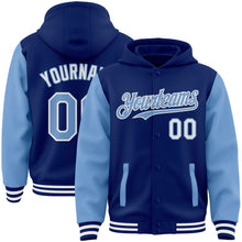 Load image into Gallery viewer, Custom Royal Light Blue-White Bomber Full-Snap Varsity Letterman Two Tone Hoodie Jacket
