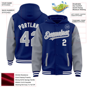 Custom Royal Gray-White Bomber Full-Snap Varsity Letterman Two Tone Hoodie Jacket