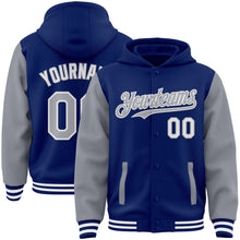 Load image into Gallery viewer, Custom Royal Gray-White Bomber Full-Snap Varsity Letterman Two Tone Hoodie Jacket
